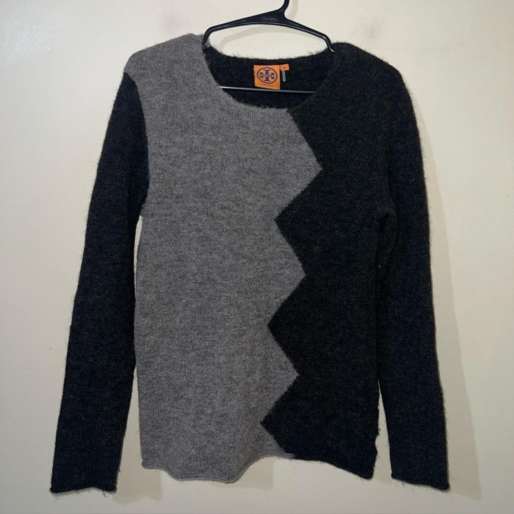 Tory Burch Authentic Pullover Zig Zag Wool Alpaca Sweater Brown Medium